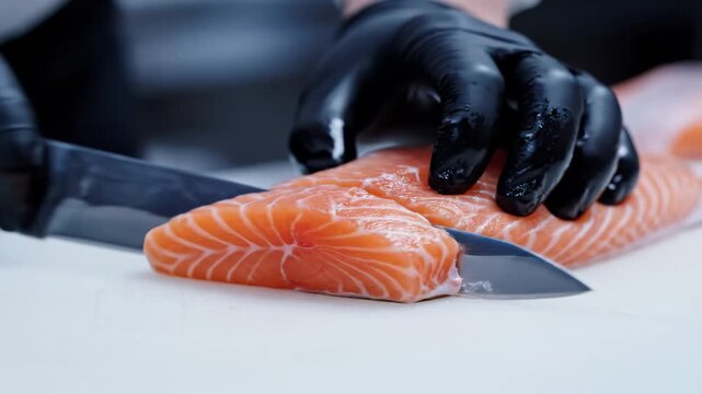 Chef skillfully cuts fresh salmon fillet with a sharp knife on a white cutting board.