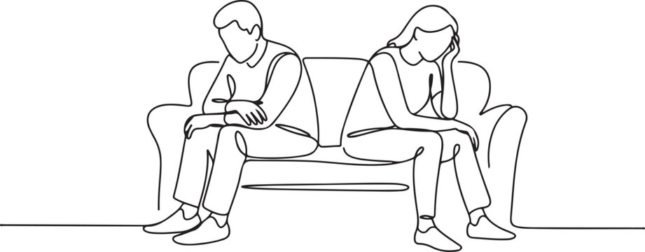 Single one line drawing sad unhappy husband and wife sitting on couch and keeping silence after quarrel at home. Problems in communication and fight. one line Icon drawing