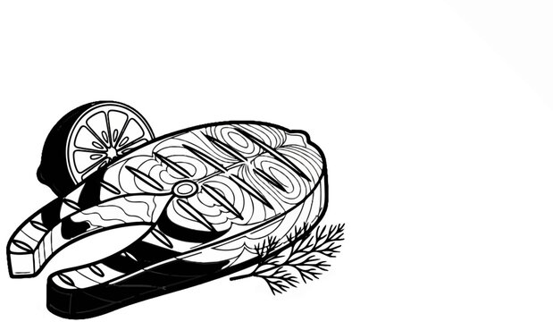 Line art of a grilled salmon steak with lemon slice and dill