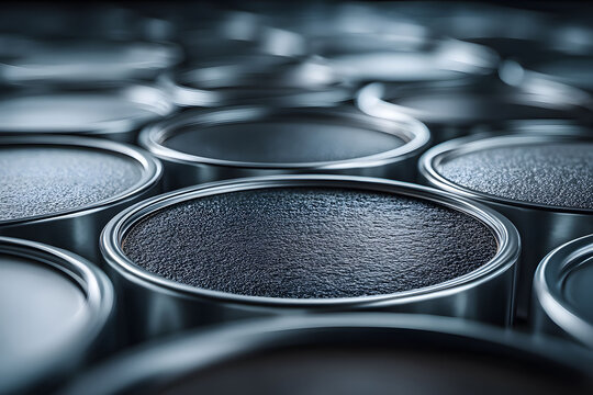An array of open metal paint cans showcasing diverse textures and surfaces, ideal for industrial or manufacturing themes. the close-up view emphasizes the rich details of each can's paint content, pro
