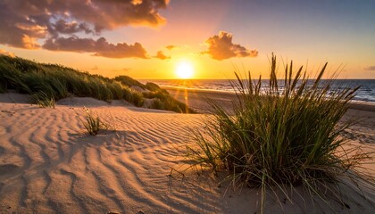 Coastal view of sand dunes & beach grasses under a vibrant, warm sunset sky