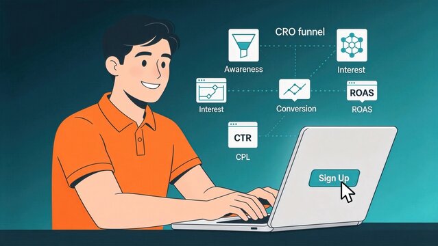 Young man working on laptop with CRO funnel, increasing conversion, sign-up, and awareness