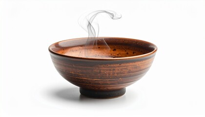 Single wooden bowl on clean white surface with white background, delicate wispy trail of smoke rising upward, minimalistic composition contrasting solid earthy texture of bowl with ethereal flowing sm