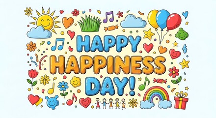 Colorful happy happiness day sign with balloons flowers and symbols
