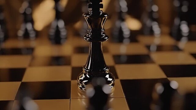 Black chess king piece standing on a chessboard with other pieces blurred in the background.