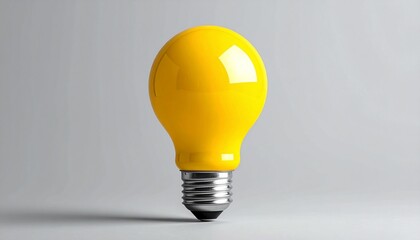 Single yellow incandescent light bulb standing upright, visible filament inside, plain light gray background, minimalist composition with vibrant yellow color contrasting neutral backdrop, symbolic re