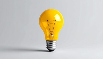 Single yellow incandescent light bulb standing upright, visible filament inside, plain light gray background, minimalist composition with vibrant yellow color contrasting neutral backdrop, symbolic re
