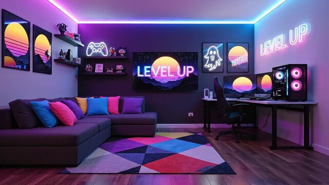 Modern gaming room features vibrant neon lights inside