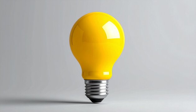 Single yellow incandescent light bulb standing upright, visible filament inside, plain light gray background, minimalist composition with vibrant yellow color contrasting neutral backdrop, symbolic re