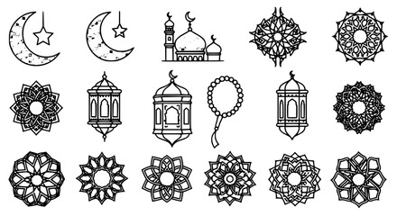 Obraz premium Monochrome Islamic Festival Line Icons for Eid