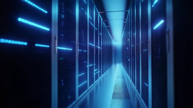 Server racks with glowing lights creating a modern, high tech environment for cloud computing, big data storage, and digital information processing within a dedicated facility