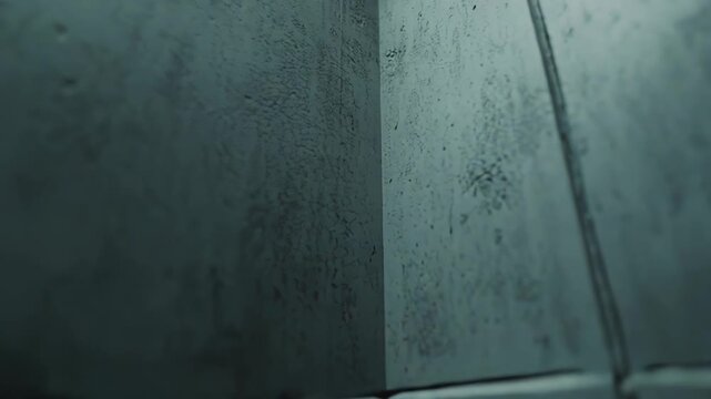Concrete wall corner with rough texture and visible seams, reflecting faint light and creating a confined, cold, and claustrophobic sense of enclosure within a dark, brutalist space