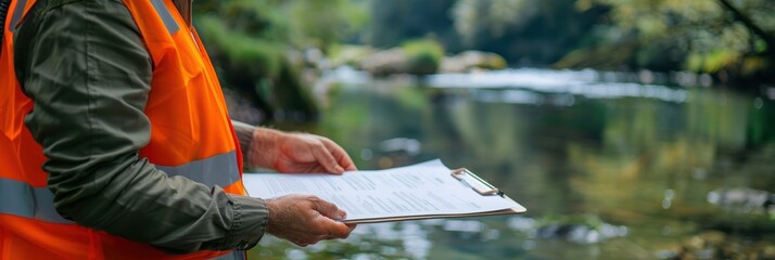 Forestry Inspector Conducting Environmental Impact Assessment Near Forest River