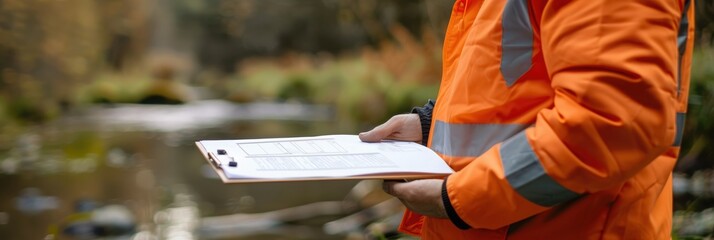 Forestry Inspector Conducting Environmental Impact Assessment Near Forest River