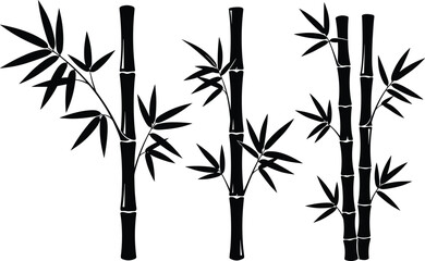 Obraz premium Bamboo silhouette collection set, oriental botanical stems and leaves, black nature plant elements for design, flat vector illustration