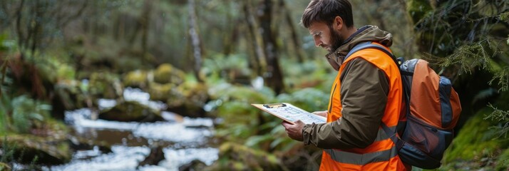 Forestry Inspector Conducting Environmental Impact Assessment Near Forest River