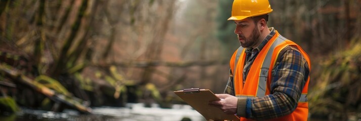 Forestry Inspector Conducting Environmental Impact Assessment Near Forest River