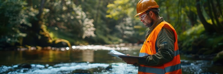 Forestry Inspector Conducting Environmental Impact Assessment Near Forest River