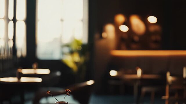 Cafe interior creating a cozy and inviting ambiance with a blurred background, featuring a wooden table with a small plant in a vase, emphasizing comfort and leisure in a serene setting