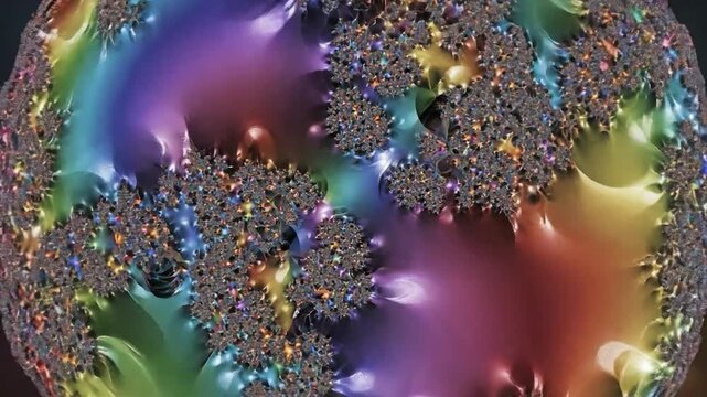 A vibrant, intricate fractal sphere with shimmering, colorful patterns against