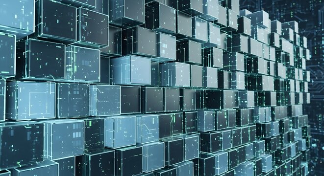 Abstract digital data block architecture representing complex big data analysis and cloud storage