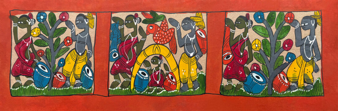 Music festival painted in traditional Indian folk art style