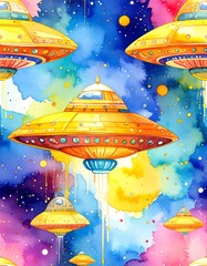 Colorful watercolor galaxy featuring flying saucers scattered across a vibrant, celestial backdrop