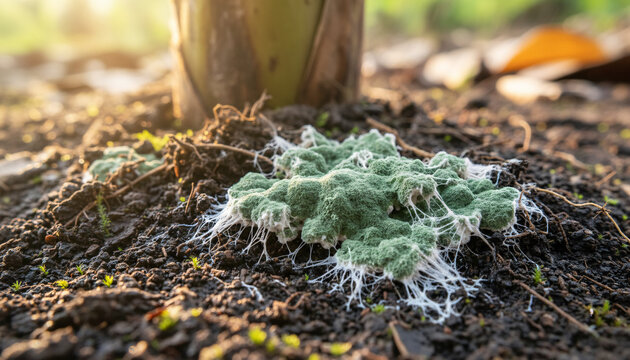 Macro shot of green Trichoderma fungi and white mycelium growing on fertile soil near banana tree base, organic farming concept.