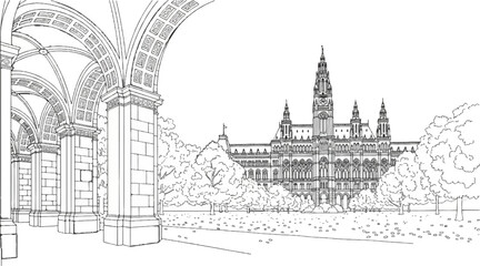 Fototapeta premium Ornate Gothic building with arched colonnade and leafy trees in park