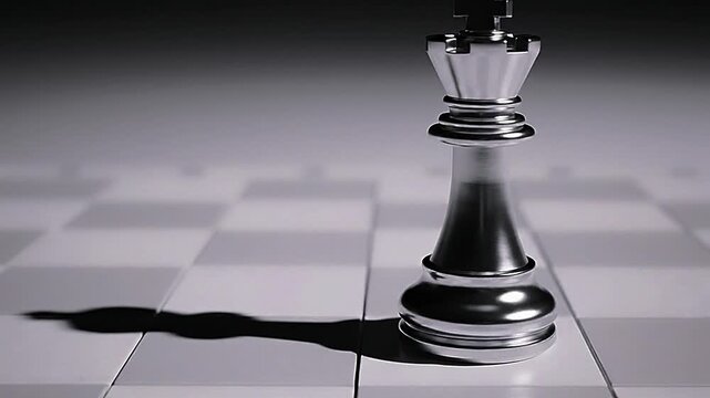 Silver Chess Queen Piece Standing on a Chessboard with Dramatic Shadow.