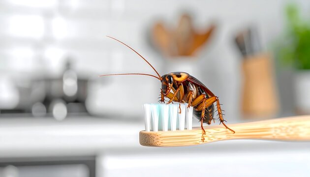 A cockroach stands on a toothbrush
