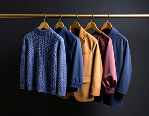 クローゼット内に金色バーに吊るされた冬物の衣類　黒背景