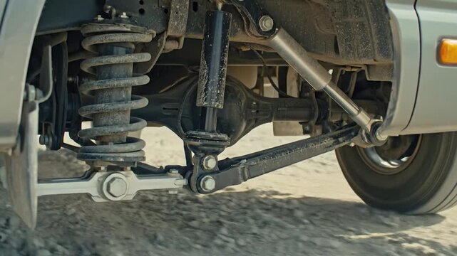 Close-up of a car's rear suspension system working on a road