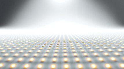 Grid of golden lights on a white background with spotlight effect.