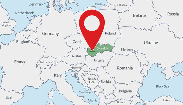 Slovakia on the Europe map with pin location marker3. Vector flat template.