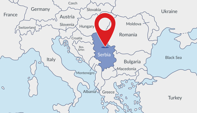 Serbia on the Europe map with pin location marker3. Vector flat template.