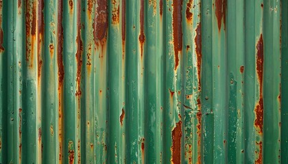 Corrugated metal wall, painted green, with vertical rust streaks, creating aged texture and depth