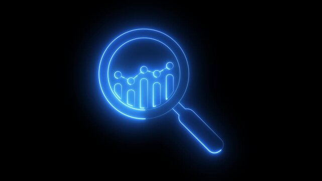 glowing neon business data graph bar analysis by magnifying glass icon. business growth concept animation magnifying glass with data analysis icon. 4k video animation.