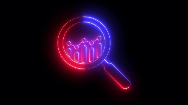 glowing neon business data graph bar analysis by magnifying glass icon. business growth concept animation magnifying glass with data analysis icon. 4k video animation.