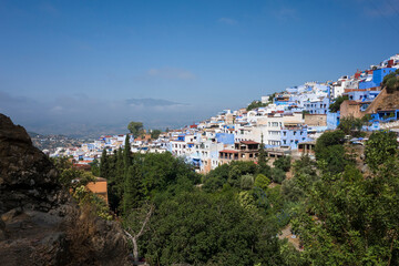 Obraz premium Panoramic view of Chefchaouen medina with blue buildings nestled in the mountains. Green foreground and clear sky enhance the scenic charm