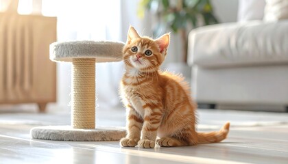 A curious orange kitten sitting next to a scratching post