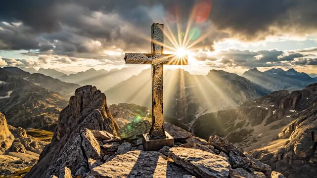 Rocky Mountain Top Cross with Moving Sunbeams and Dramatic Cloudy Sky at Golden Hour