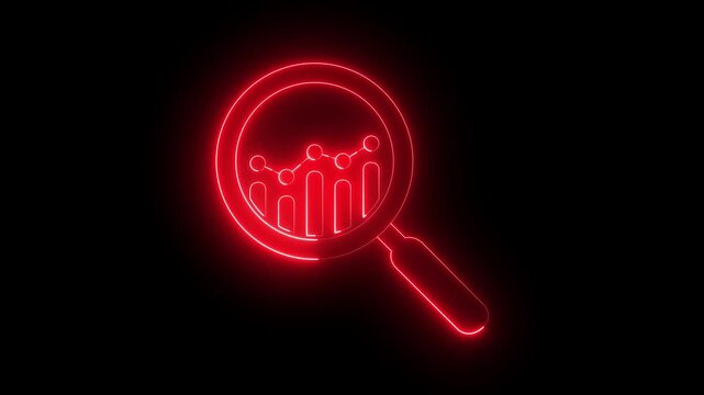 glowing neon business data graph bar analysis by magnifying glass icon. business growth concept animation magnifying glass with data analysis icon. 4k video animation.