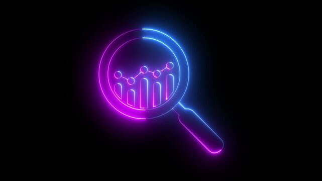 glowing neon business data graph bar analysis by magnifying glass icon. business growth concept animation magnifying glass with data analysis icon. 4k video animation.
