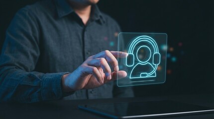 Customer Service, Support, AI Assistant, Help Desk, Technology, Communication, Digital concept showing a man interacting with a glowing hologram icon for virtual assistance.