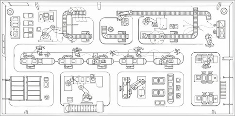 Naklejka premium Overhead view of an automated factory assembly line with robotic arms and conveyors