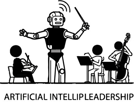 Robot conductor leads orchestra of stick figures playing instruments