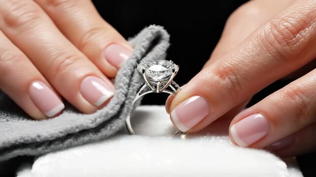 Close up of womans hands polishing a large diamond ring with a gray cloth to reveal its brilliant shine