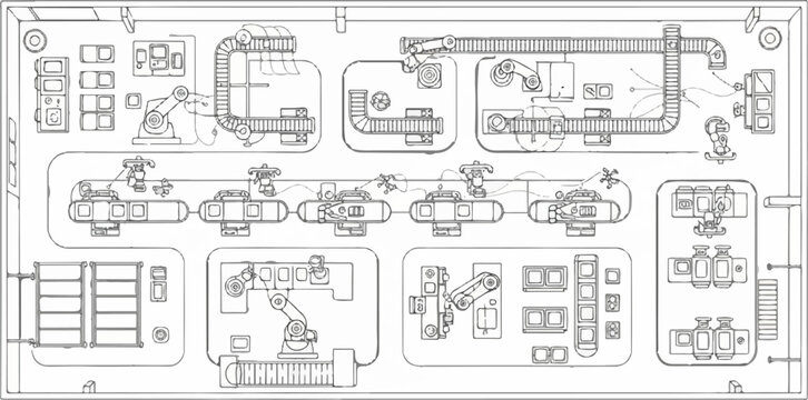 Overhead view of an automated factory assembly line with robotic arms and conveyors