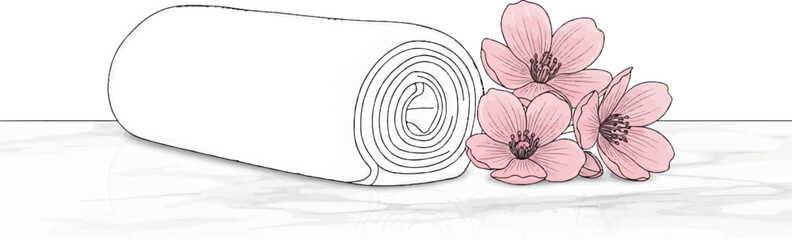 Rolled towel and delicate pink blossoms on a reflective surface